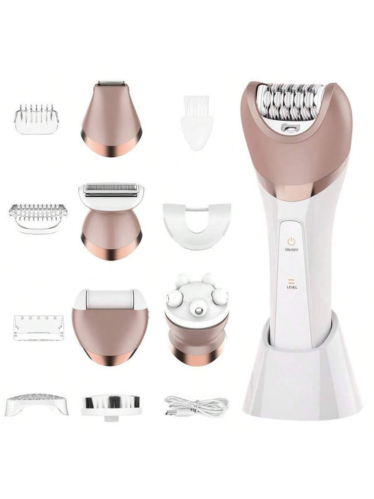 1pc Full Body Waterproof 6-In-1 Women'S Multifunctional Facial Cleansing Brush, Foot Grinder, Usb Rechargeable Epilator